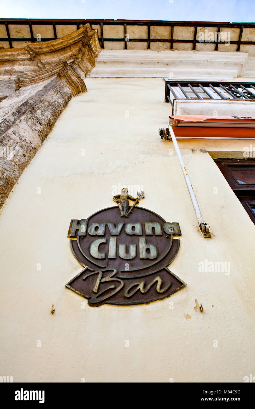 Havana, Cuba - December 12, 2016: Havana Club Bar sign t the entrance of the bar in Havana. The bar is near the famous Museum "Havana Club Museo del R Stock Photo