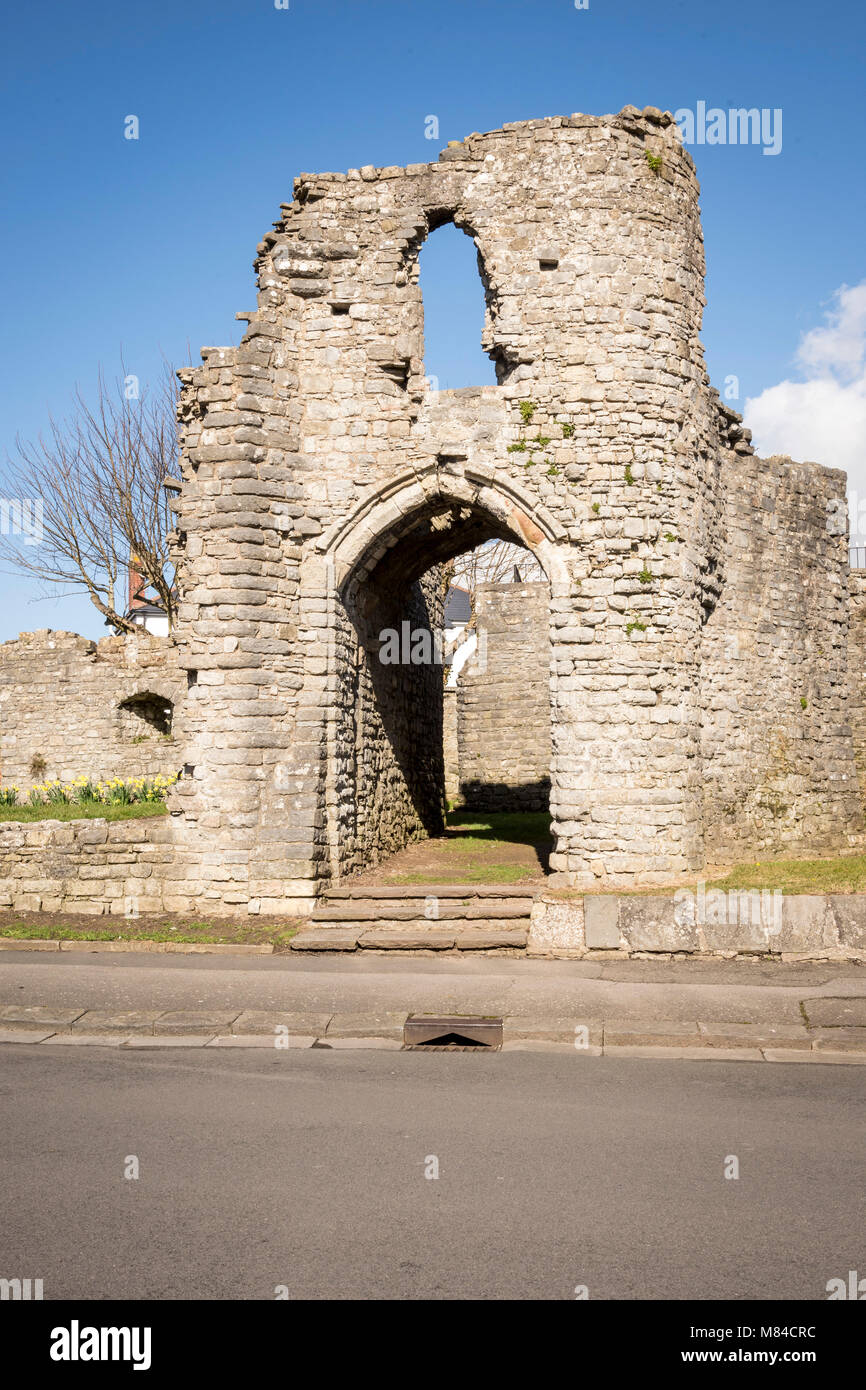 Gatehouse of medieval Barry castle ruin lit by early morning sunshine under a clear blue sky Stock Photo