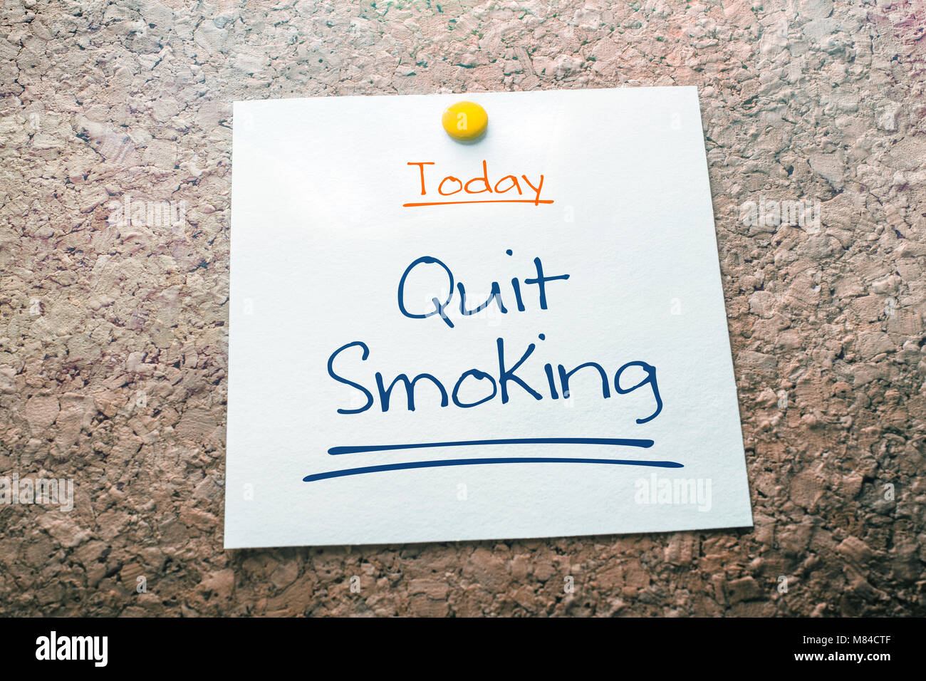 Quit Smoking Reminder For Today On Paper Pinned On Cork Board Stock Photo