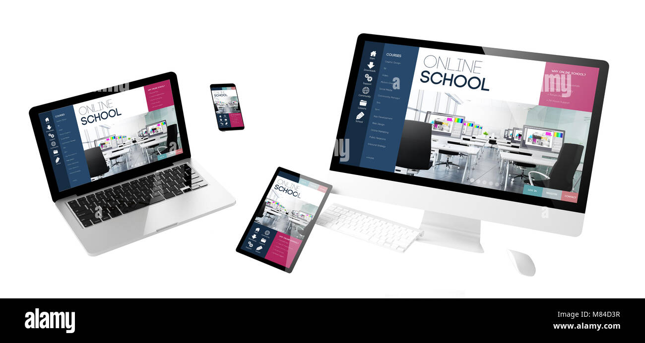 flying devices with online school website responsive design 3d rendering Stock Photo