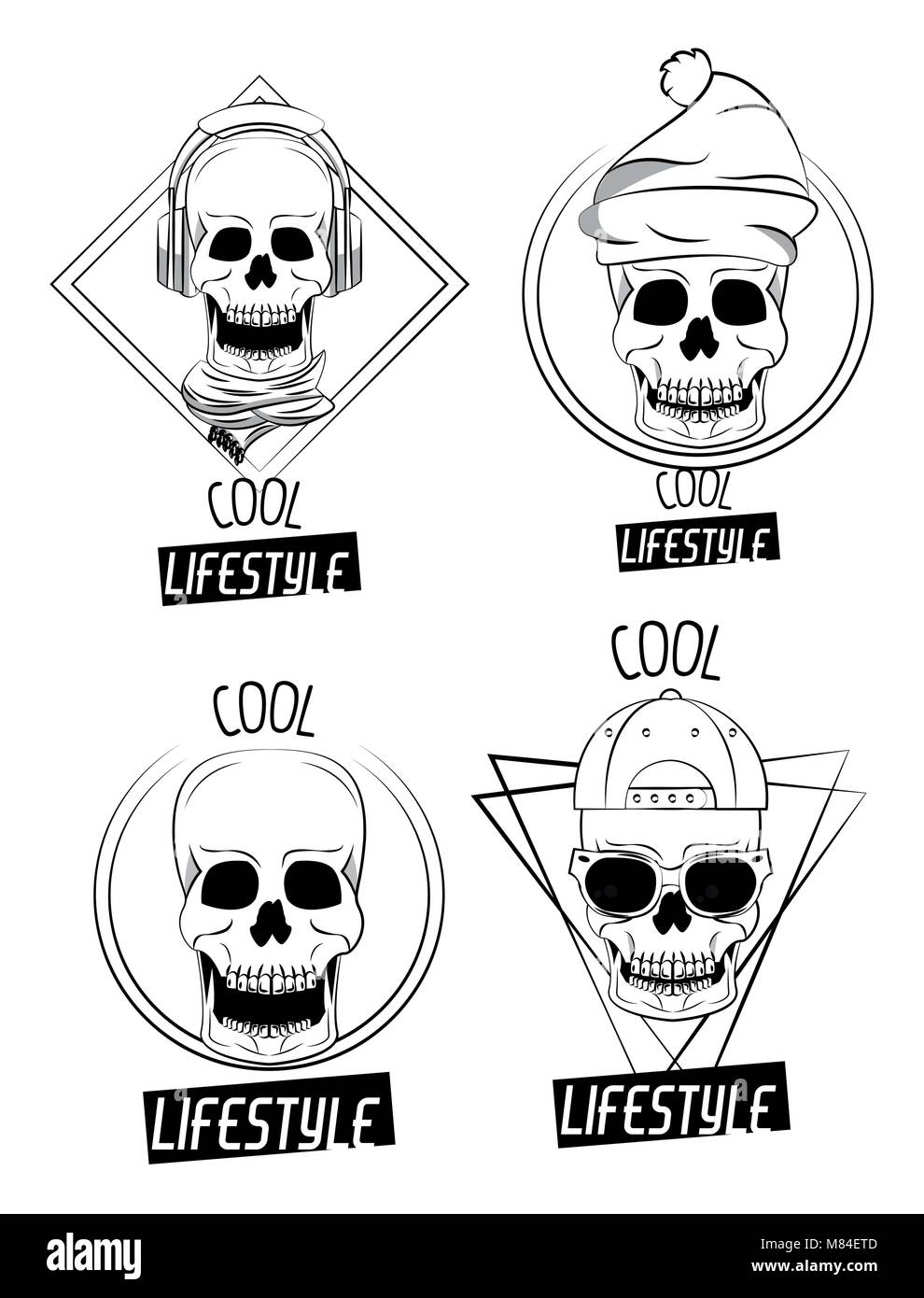 Cool skulls prints for tshirt collection on black and white vector illustration graphic design Stock Vector