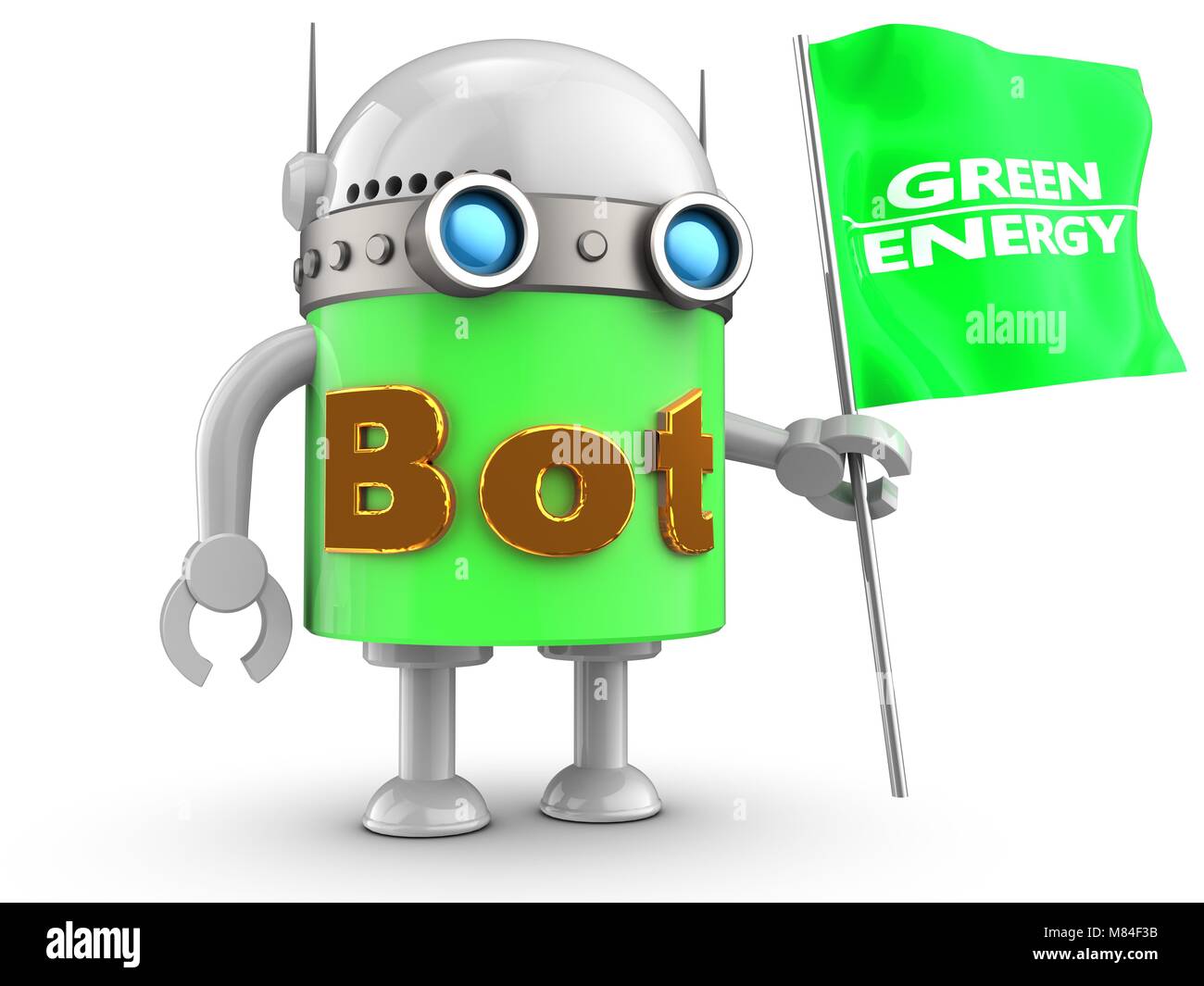 3d illustration of robot with with green energy flag over white ...