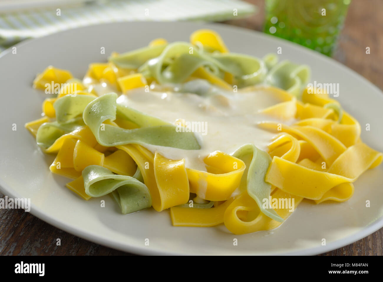 Fettuccine Alfredo on a plate Stock Photo