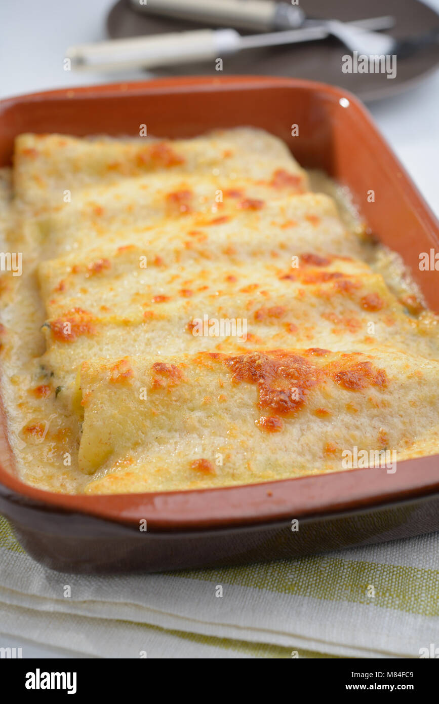 Cannelloni with spinach and ricotta in a baking dish Stock Photo