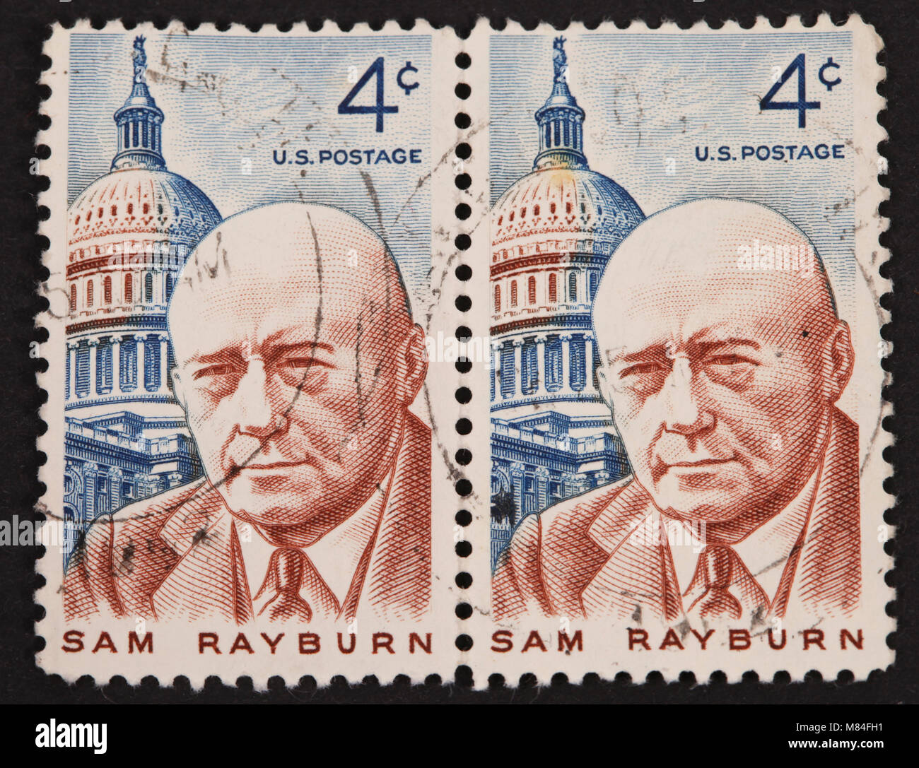 UNITED STATES - CIRCA 1962: Double stamp printed by United states, shows Sam Rayburn, lawmaker and Democratic speaker of the US House of representativ Stock Photo
