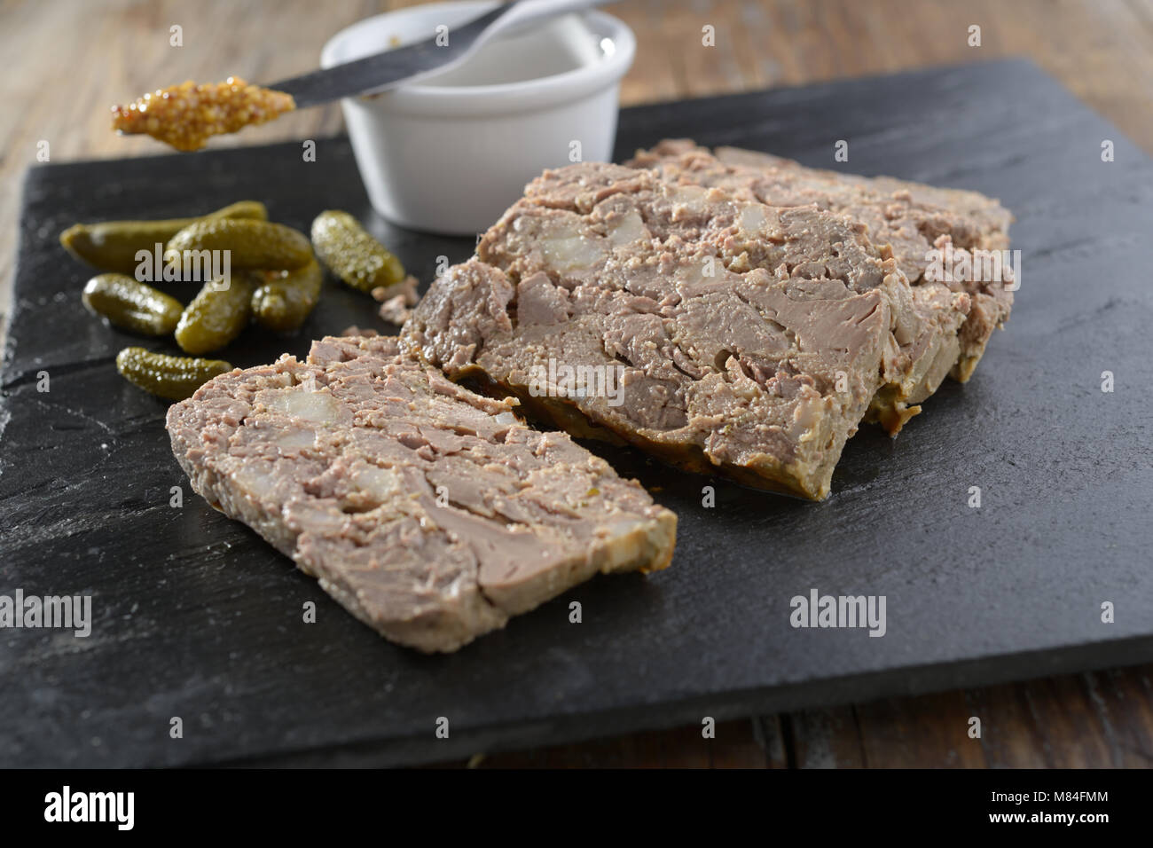 Rabbit liver terrine with pickles and mustard Stock Photo Alamy