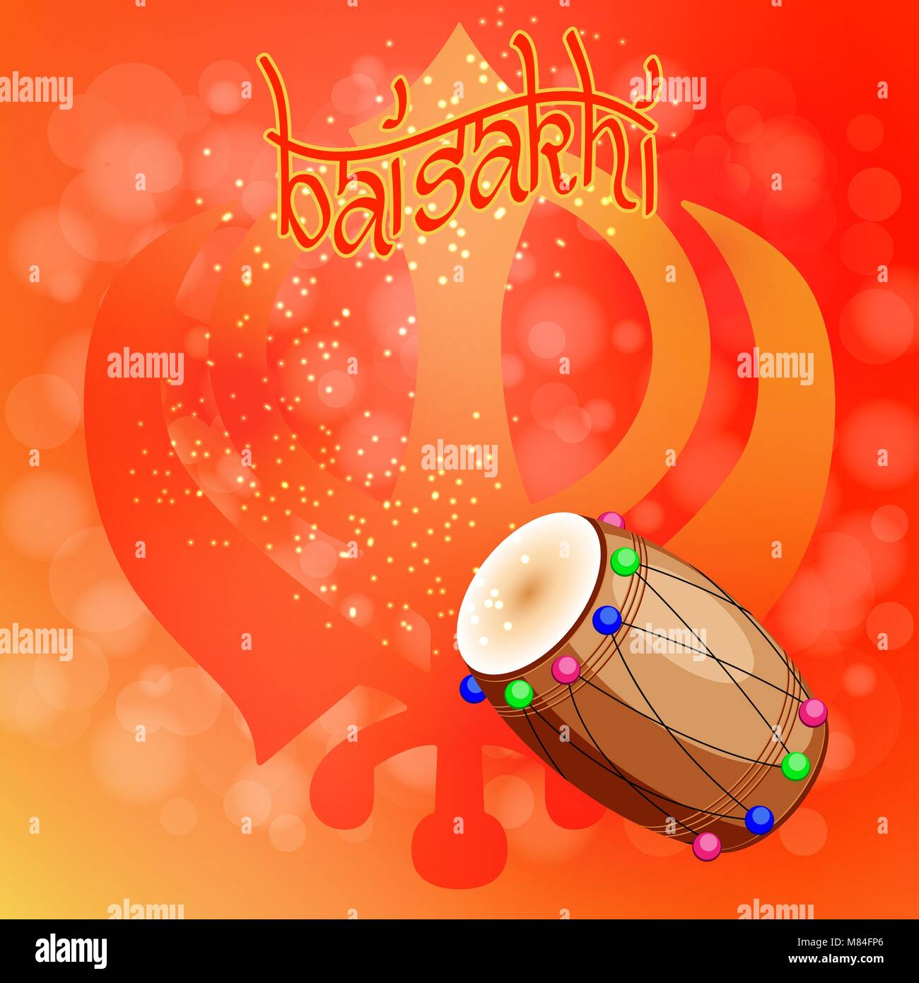 Celebration Holiday Baisakhi. New Year of the Sikhs. Khanda Sikh symbol. Drum, dholak, devanagari. On a red-orange background Stock Vector
