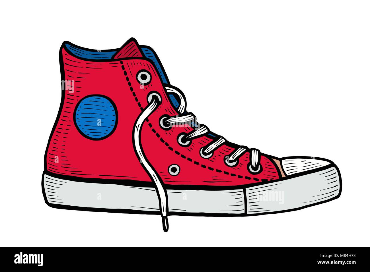 Fashion illustration with red and blue sneakers and ink spots. Hand ...