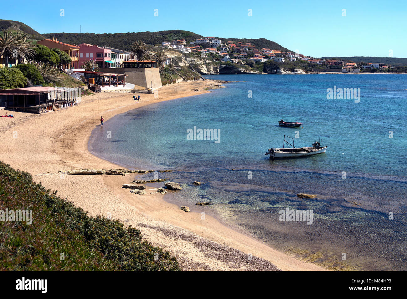 S'Archittu - a small coastal town near Oristano on the west coast of Sardinia, Italy. The town takes its name from the nearby natural arch. Stock Photo