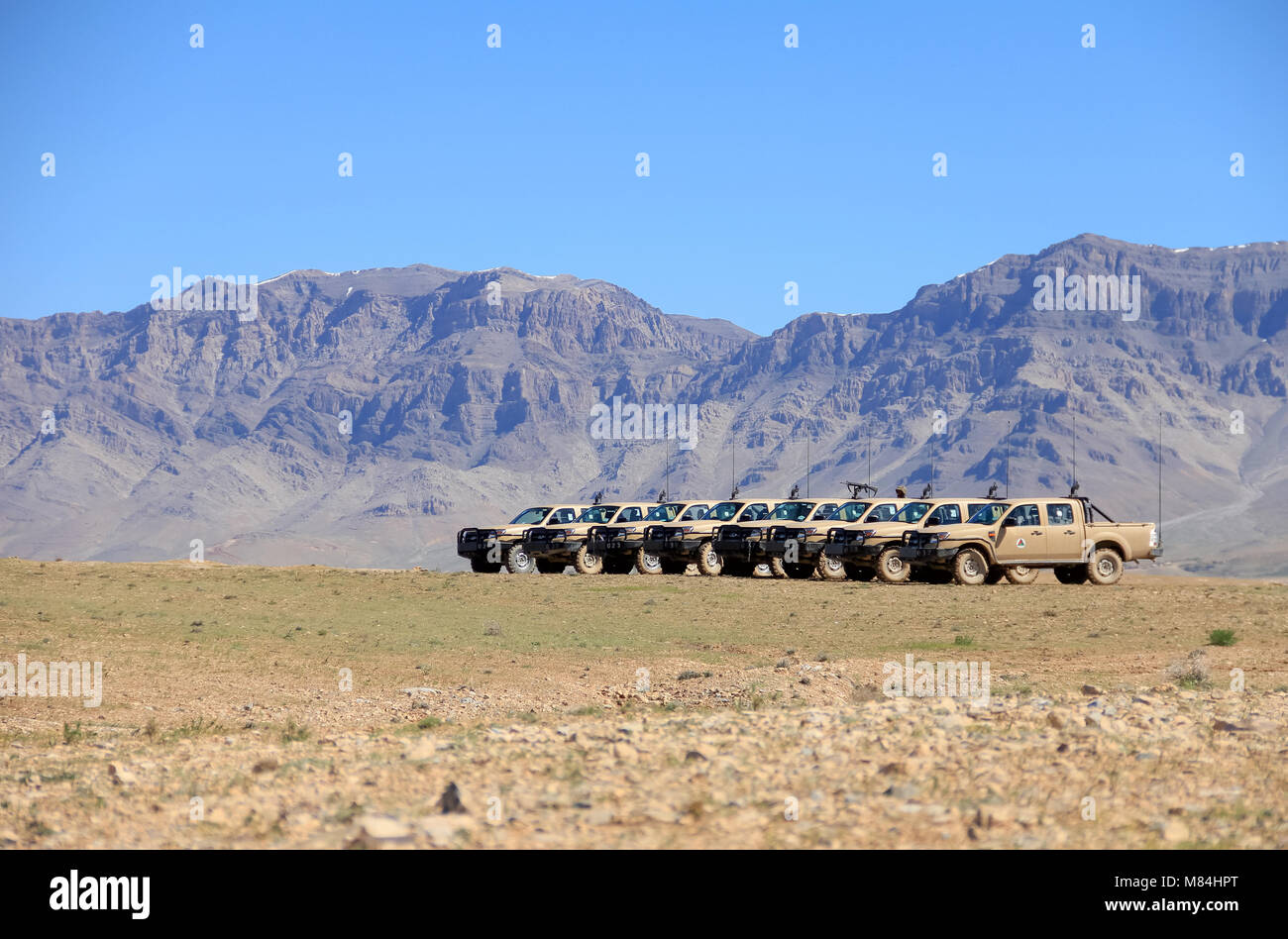 Afghan military vehicles sorted in a line. Army Exercise at BlackHorse Camp, Cabul, Afghanistan. Stock Photo