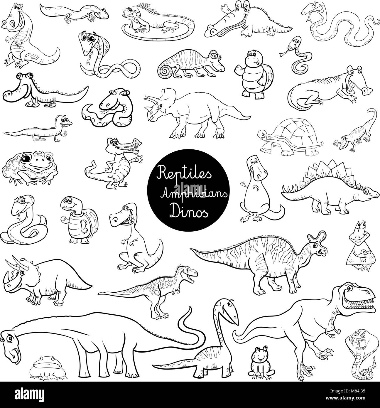 Black and White Cartoon Illustration of Reptiles and Amphibians Animal Characters Big Set Coloring Book Stock Vector