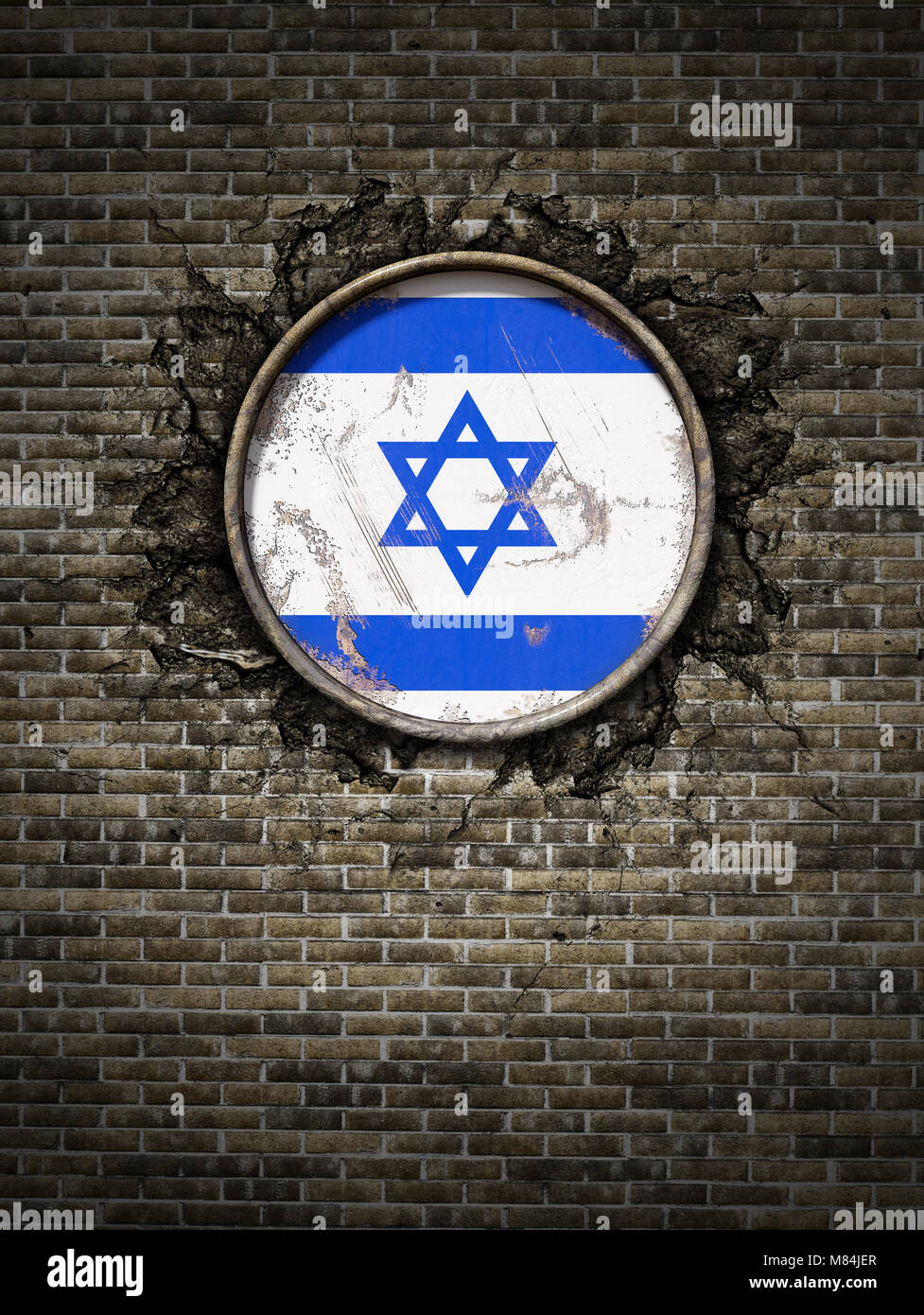 3d rendering of an Israel flag over a rusty metallic plate embedded on ...