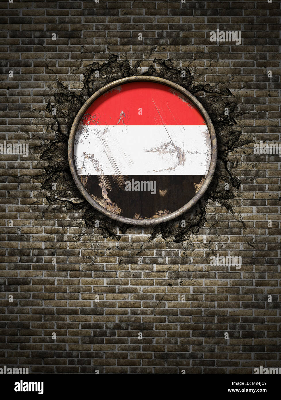 3d rendering of a Yemen flag over a rusty metallic plate embedded on an ...