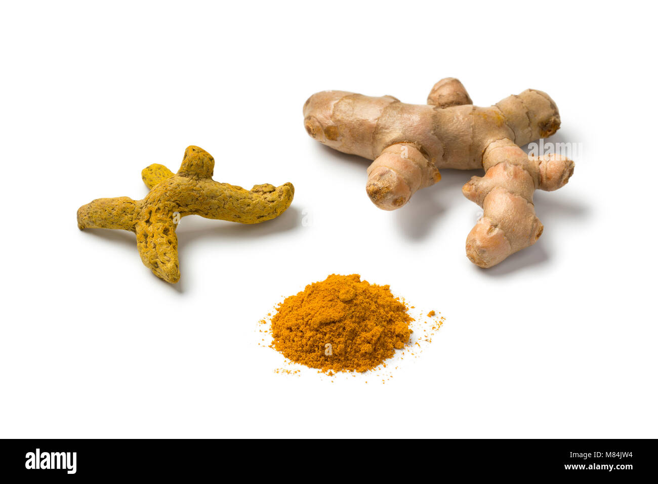 Fresh, dried and powder turmeric isolated on white background Stock Photo