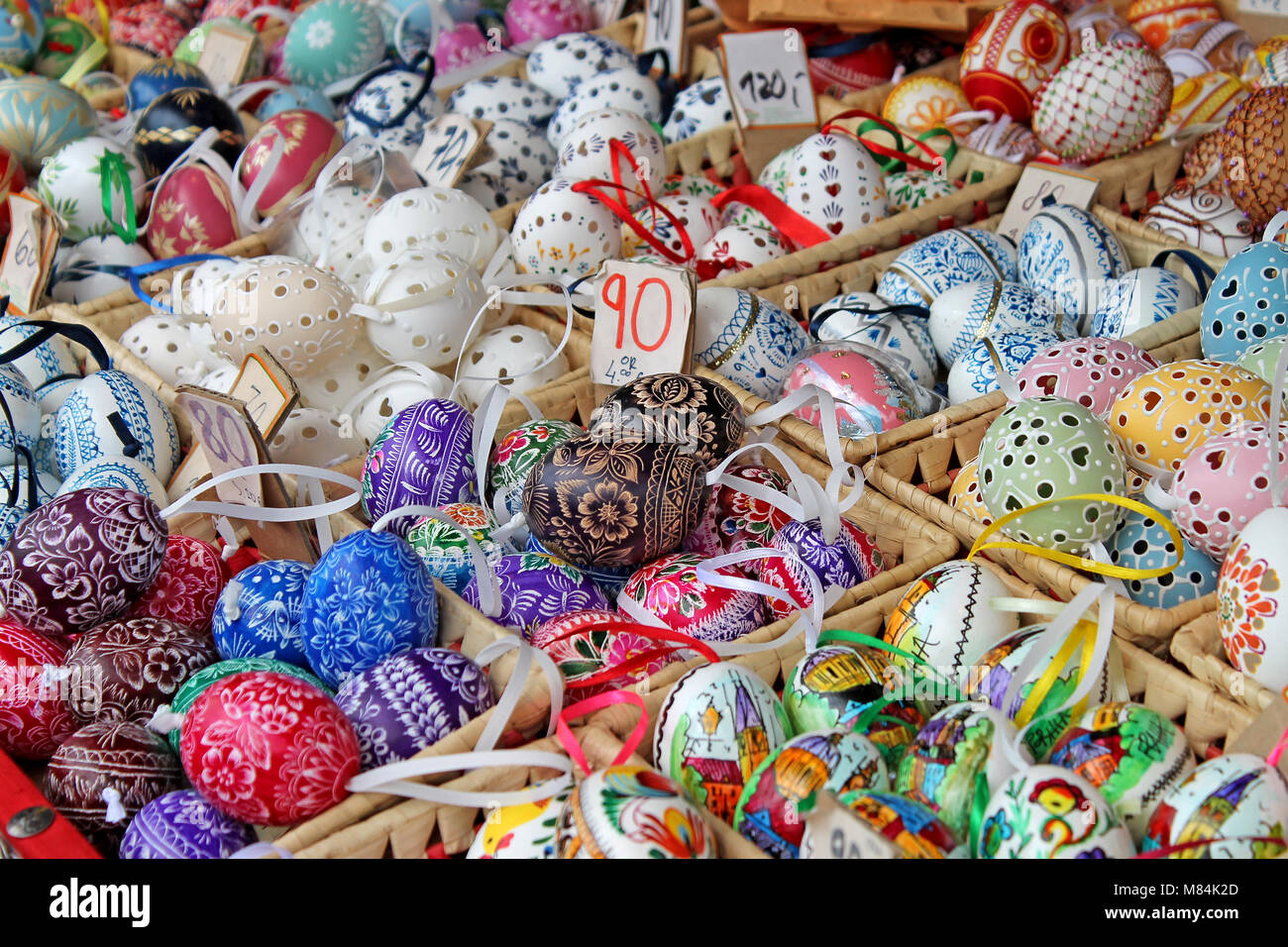 Background with Easter eggs. Handmade colorful easter eggs for sale
