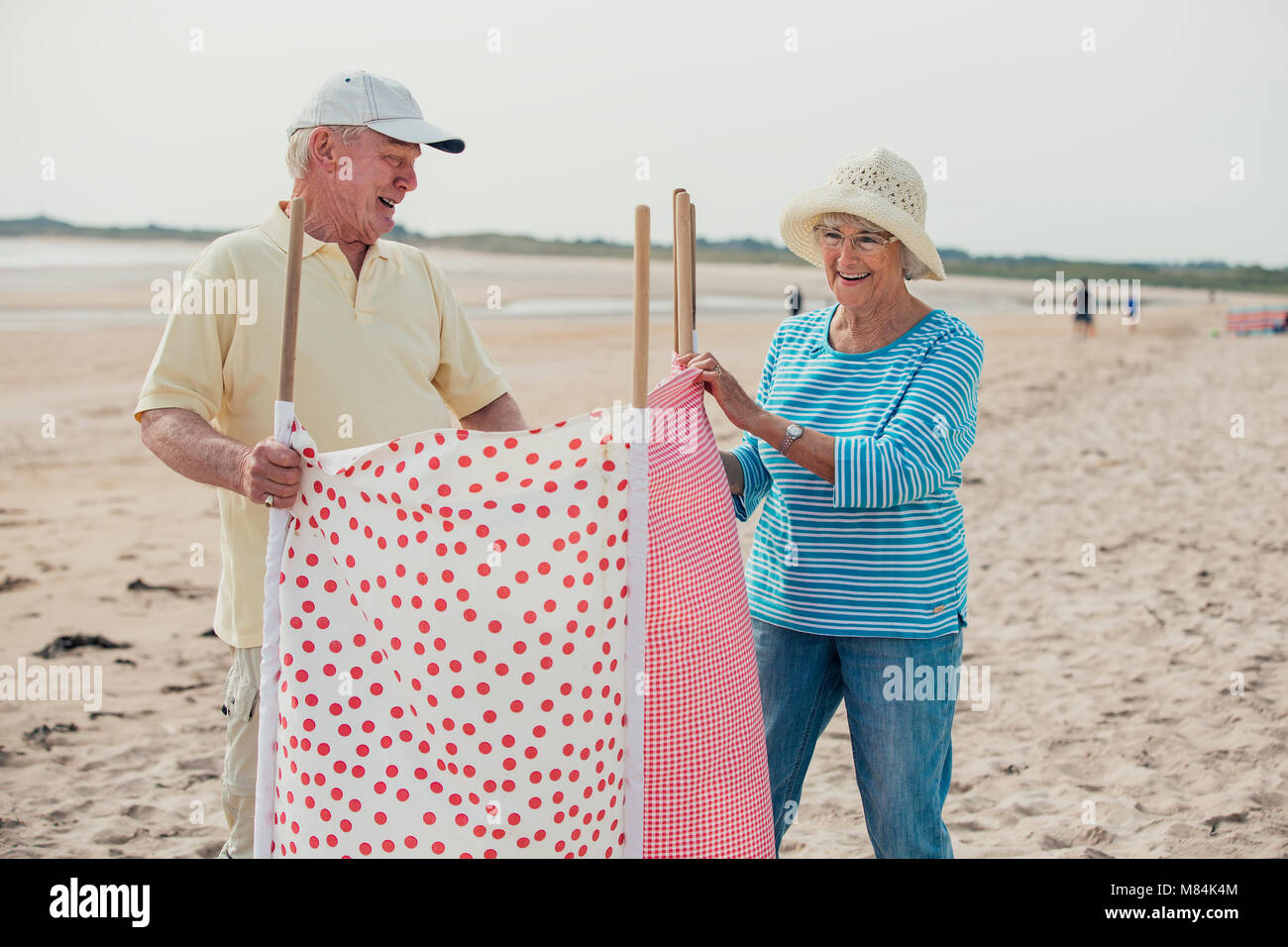 Elderly couple setting up the wind breaker at the beach Stock Photo Alamy