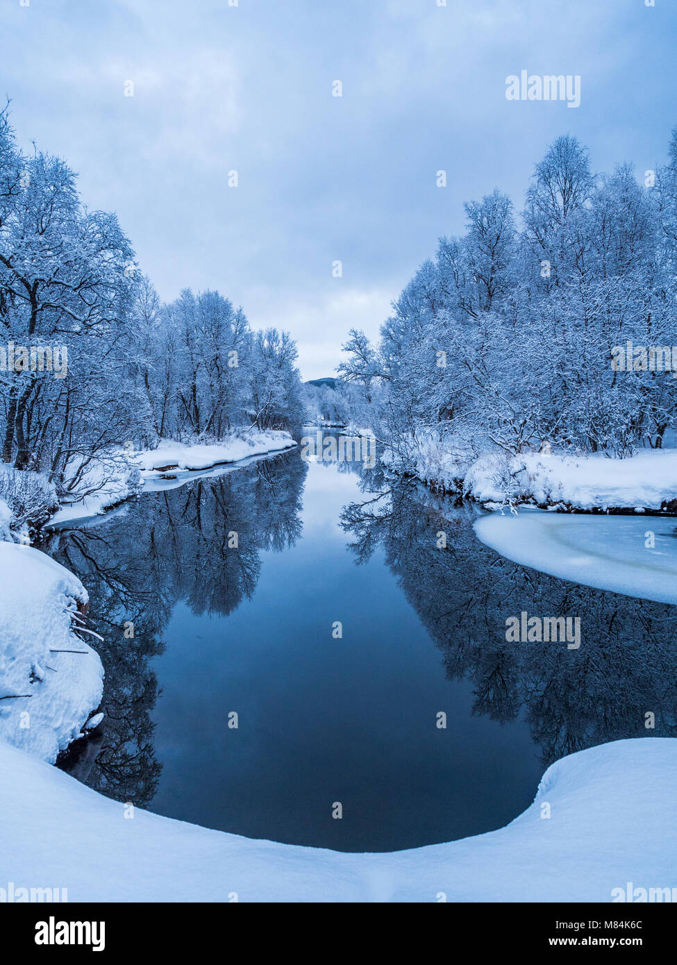 Open river in winter landscape Stock Photo