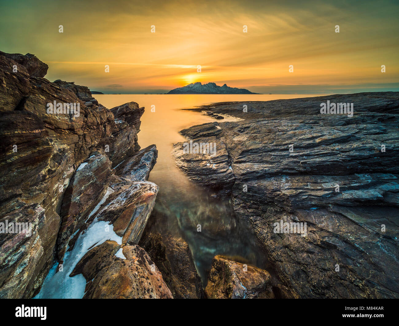 The island of Landegode in the sunset Stock Photo