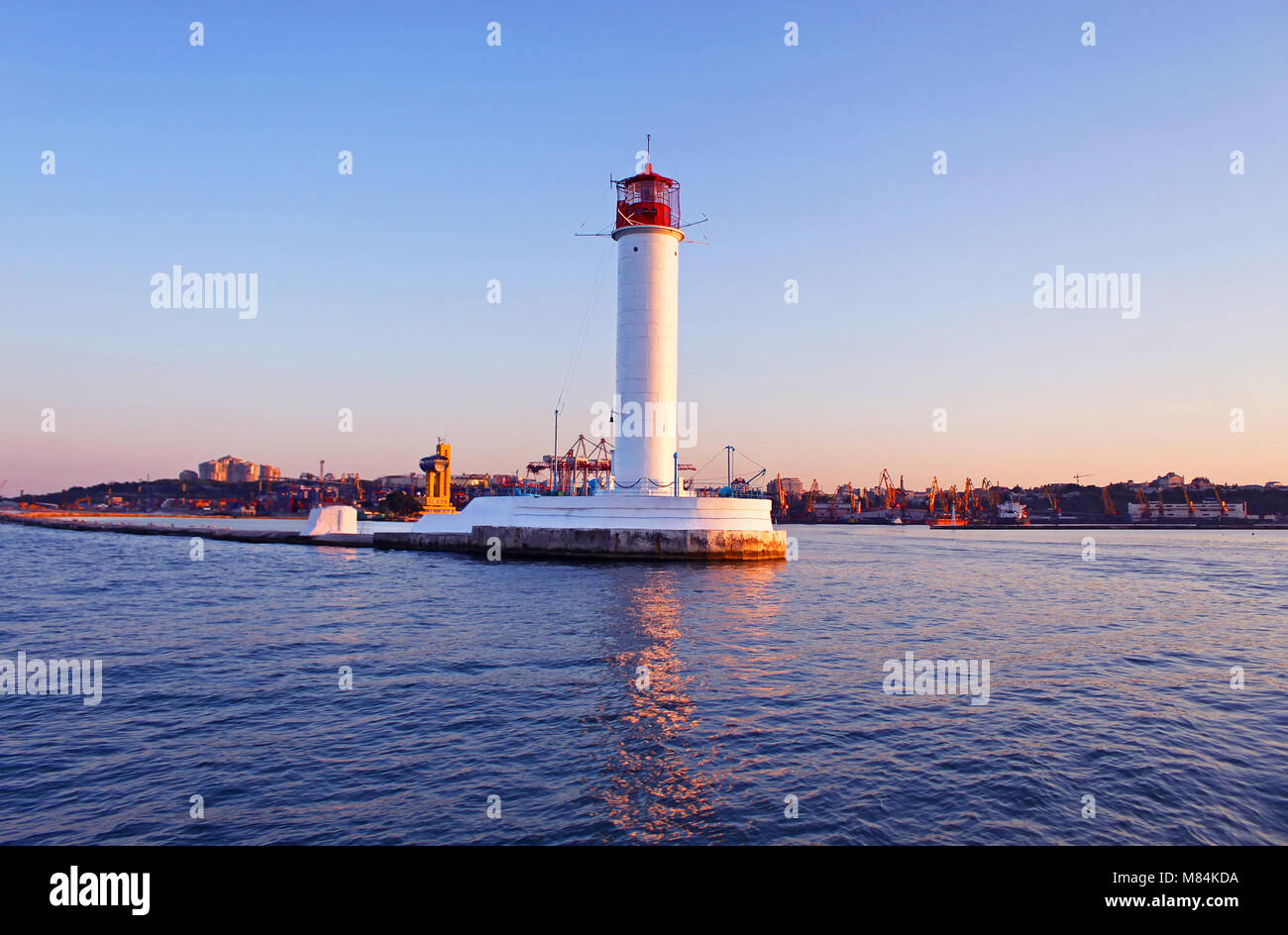 Operating lighthouse in Odessa in the evening. Ukraine. Black sea Stock Photo