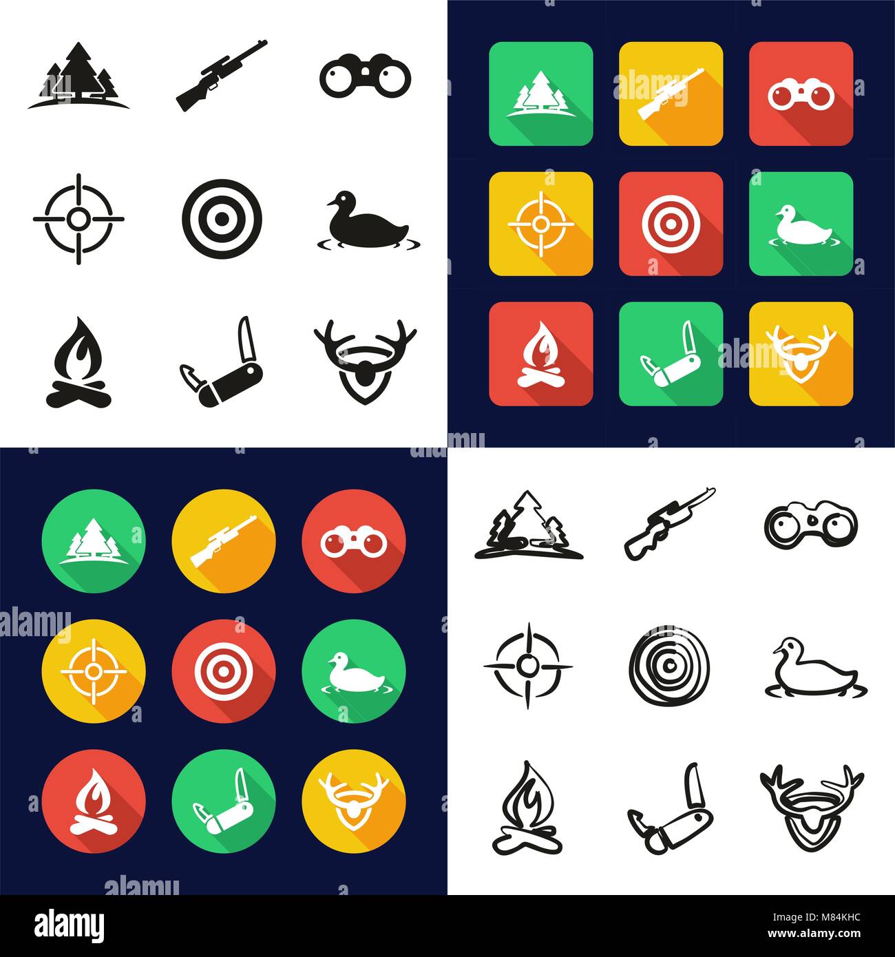 Hunting All in One Icons Black & White Color Flat Design Freehand Set ...