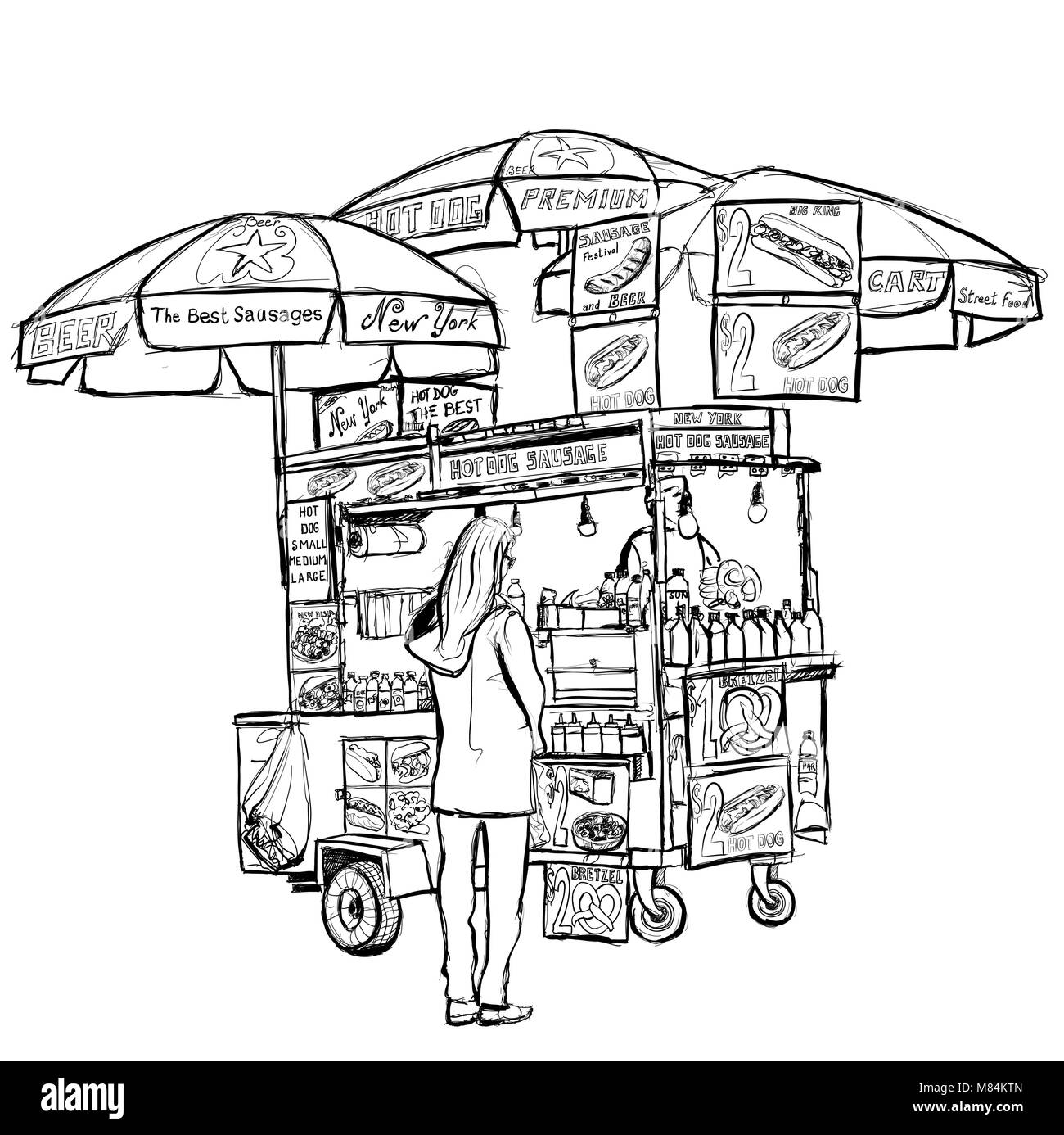 Hot dog street cart in New York - vector illustration Stock Vector