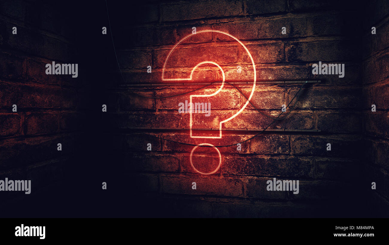 Question mark neon sign on brick wall, conceptual 3d rendering illustration for test, exam and looking for answers perplexed situation. Stock Photo