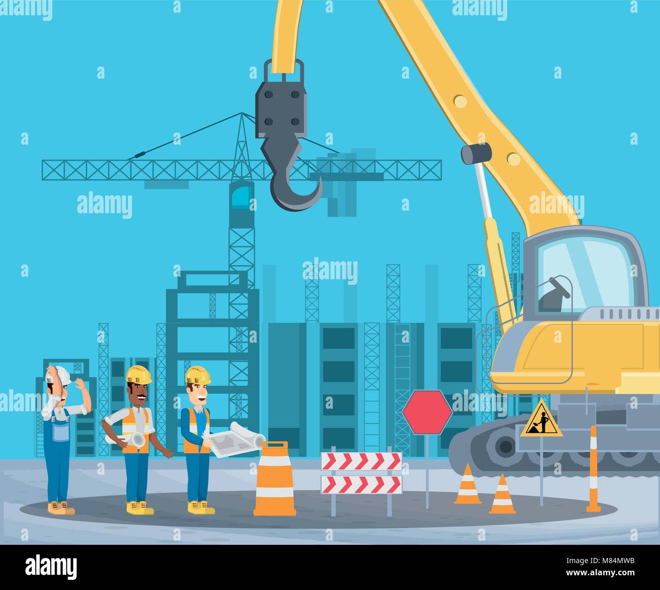 Under construction zone with enginners and crane truck over blue background, colorful design