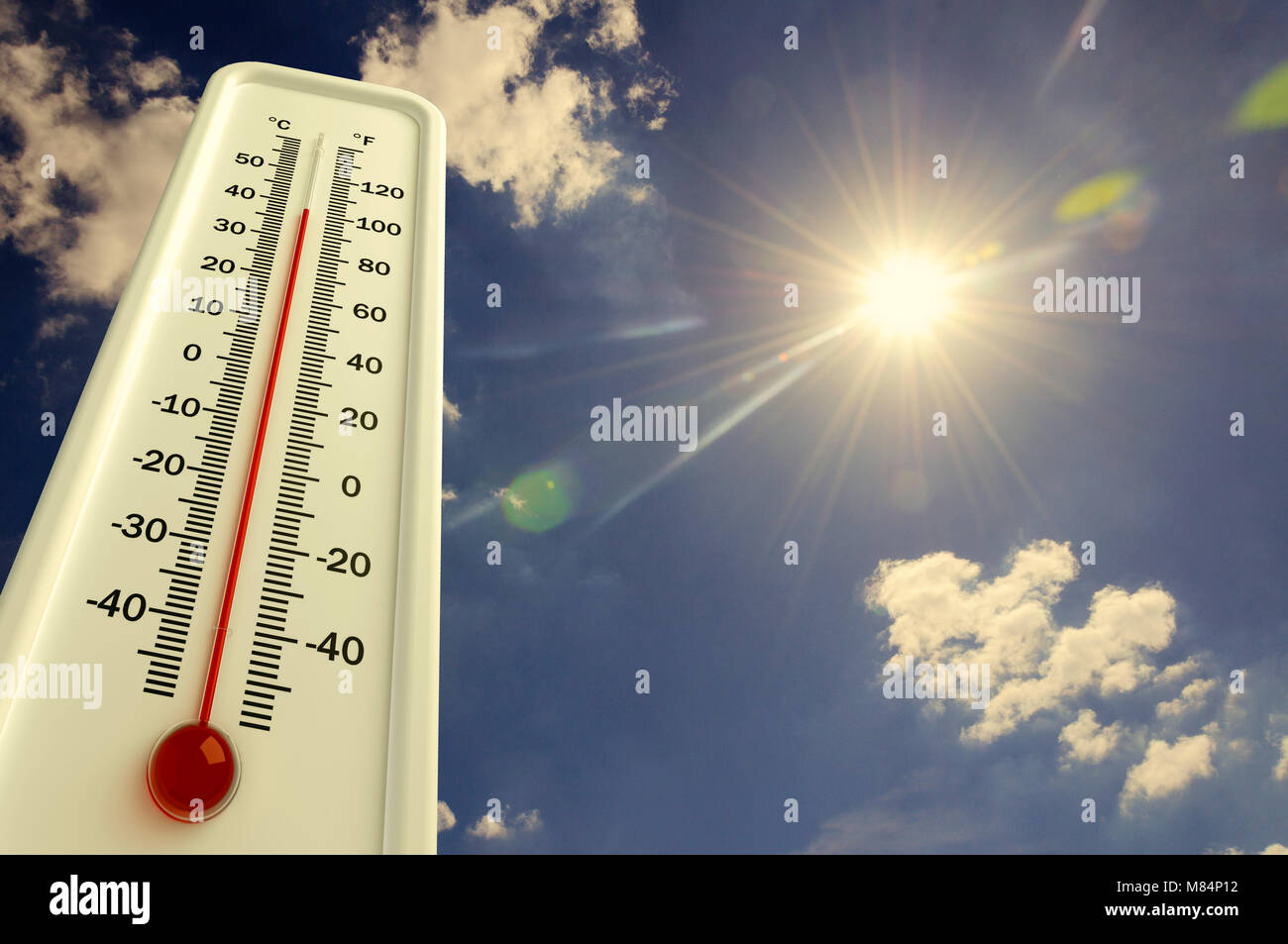 Heat, thermometer shows the temperature is hot in the sky Stock Photo