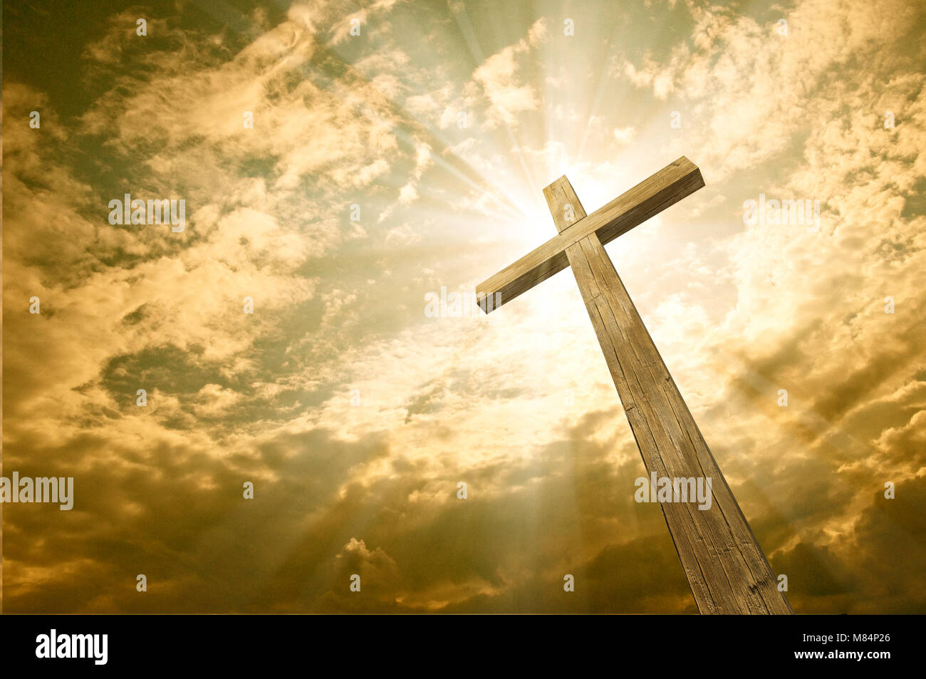 wooden cross on sky background with clouds, 3D illustration, Happy Easter. Christian symbol. Stock Photo