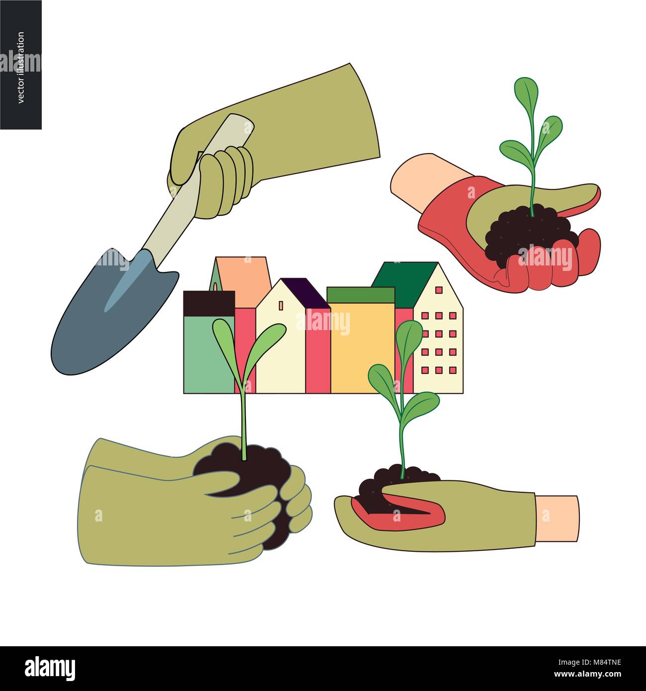 Urban farming, gardening or agriculture. Set of hands wearing the gauntlet holding sprouts and a scoop, and a block of town houses Stock Vector