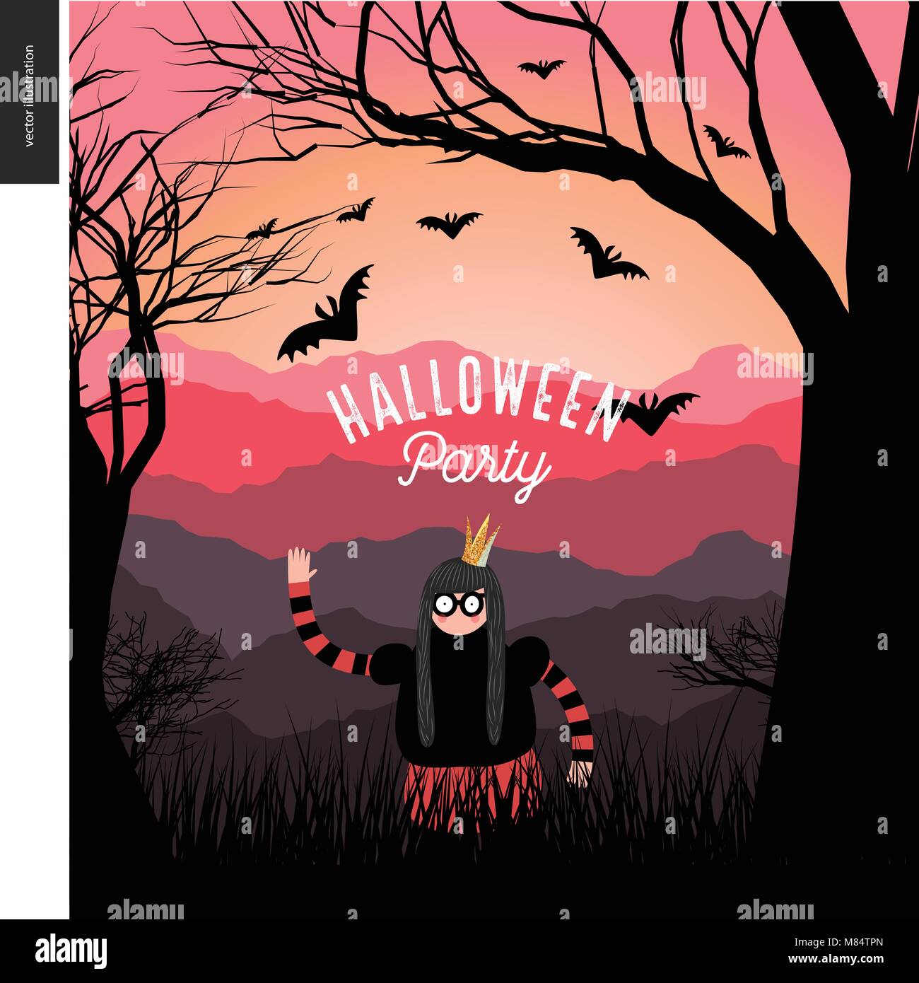 Halloween Party illustrated poster. Vector cartoon illustration of a forest landscape with a girl wearing a halloween costume with a crown, and flying Stock Vector