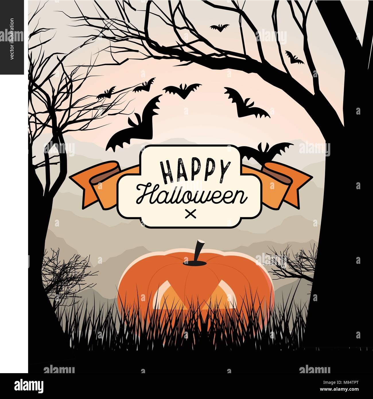 Happy Halloween illustrated poster. Vector cartoon illustration of a forest landscape with a pumpkin and flying bats, a black tree on foreground and l Stock Vector