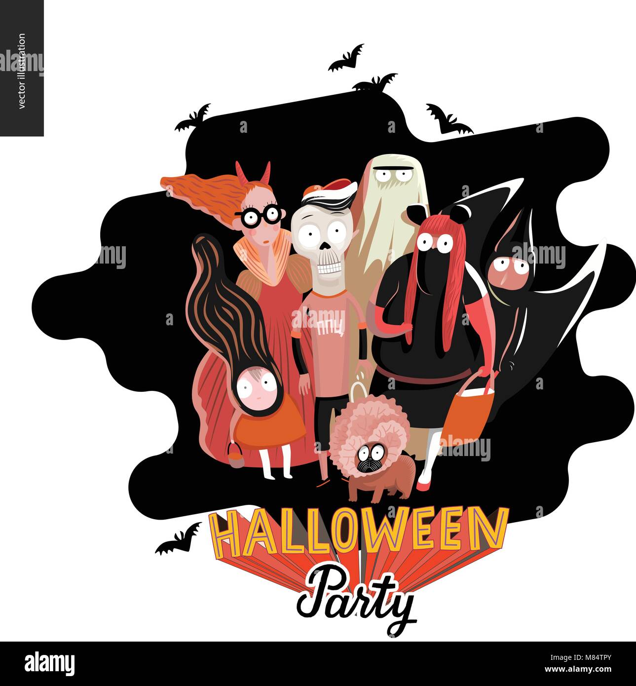 Halloween Party card with lettering. Vector cartoon illustrated group of kids wearing Halloween costumes and a french bulldog, scared by something. Stock Vector