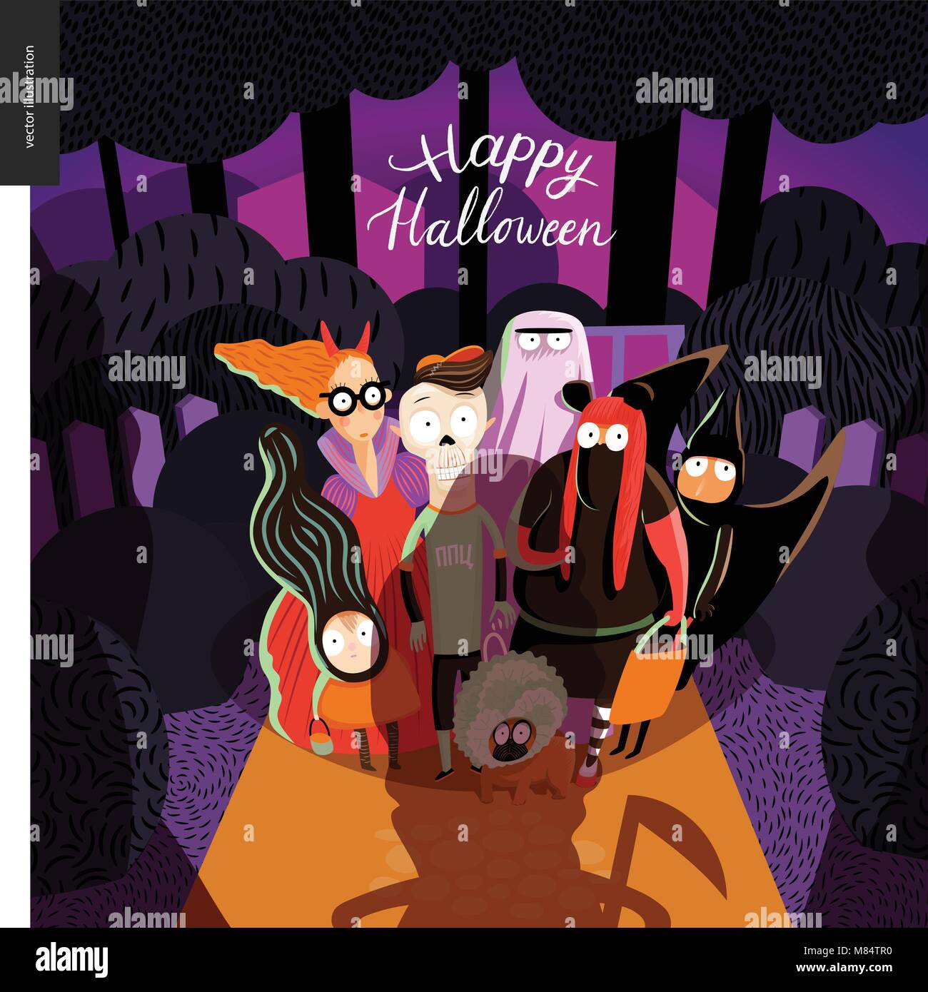 Happy Halloween greeting card with lettering. Vector cartoon illustrated group of kids wearing Halloween costumes and a french bulldog, scared by old  Stock Vector