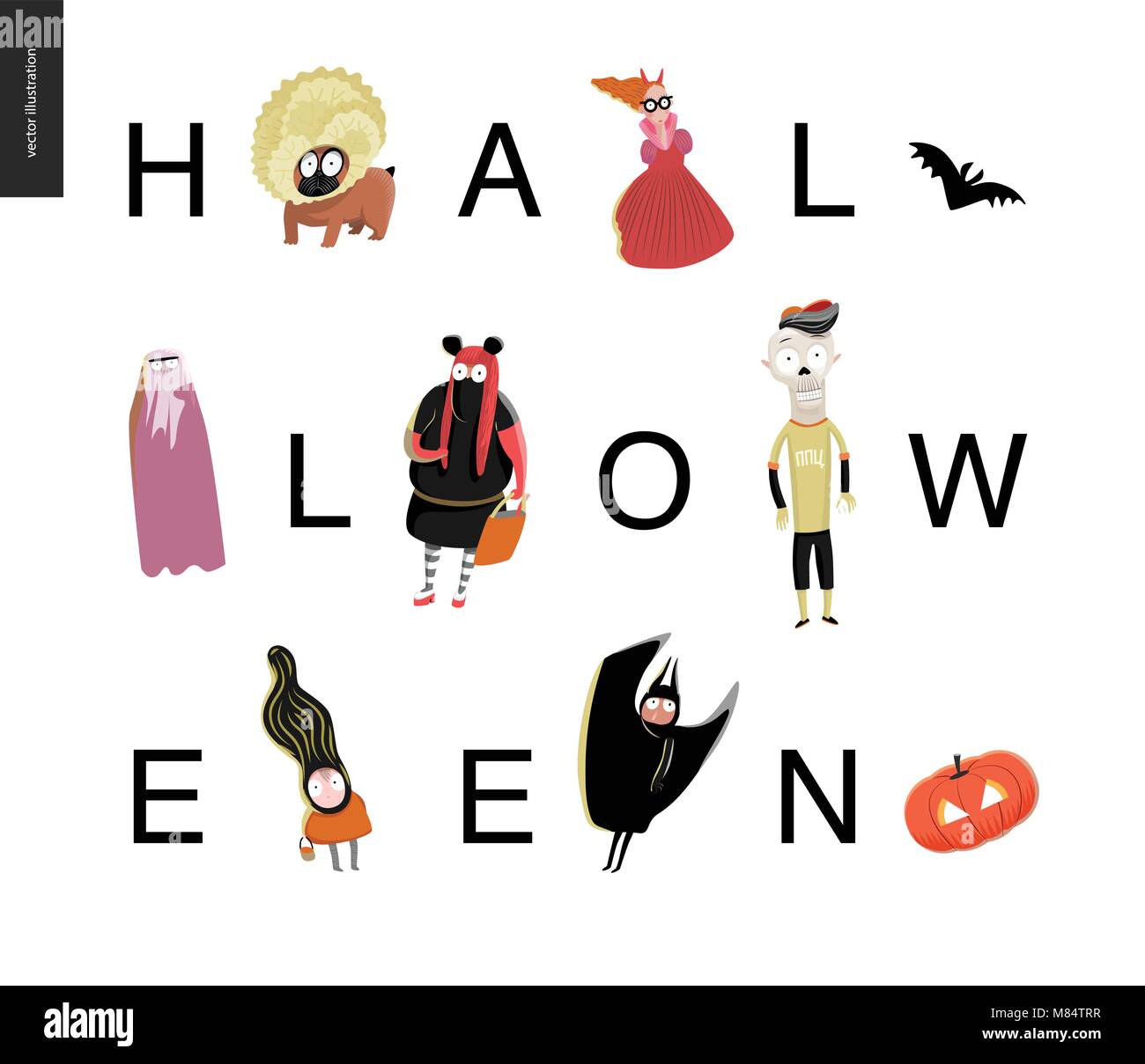 Halloween lettering card. Vector cartoon illustrated kids wearing Halloween costumes and a french bulldog, with letters composing a word Halloween. Co Stock Vector