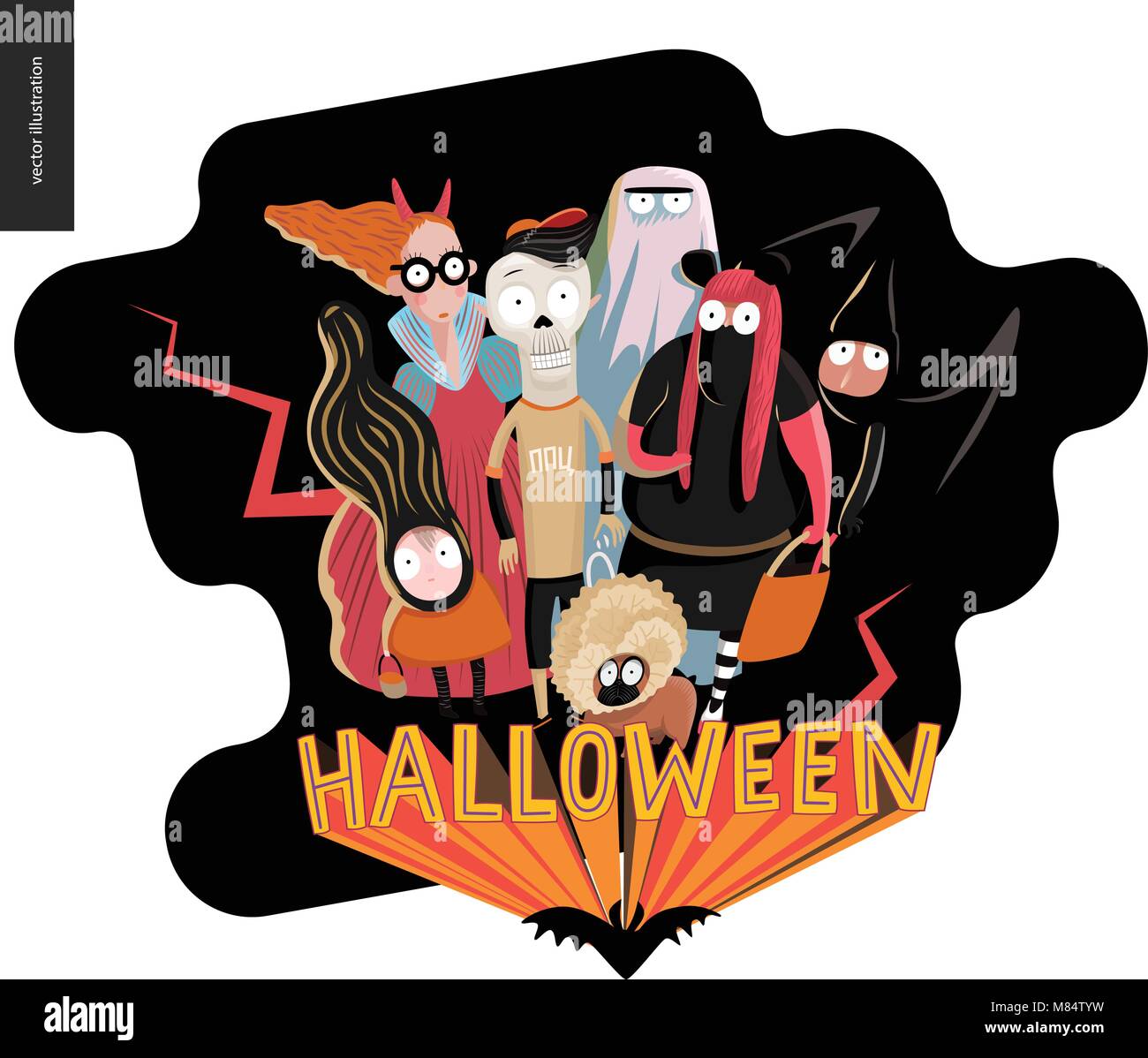 Happy Halloween greeting card with lettering. Vector cartoon illustrated group of kids wearing Halloween costumes and a french bulldog, scared by some Stock Vector