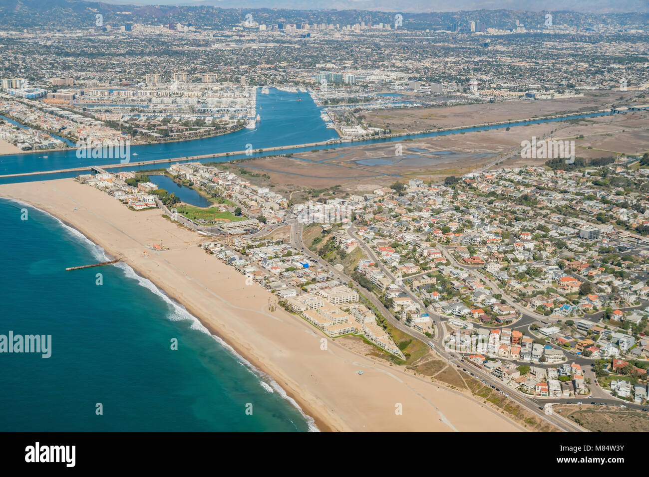 Aerial view of Marina Del Rey and Playa Del Rey aera from airplane, Los Angeles, California Stock Photo