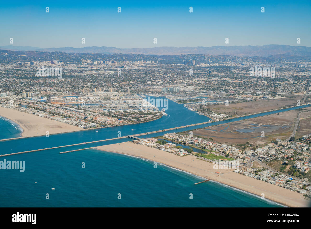 Aerial view of Marina Del Rey and Playa Del Rey aera from airplane, Los Angeles, California Stock Photo