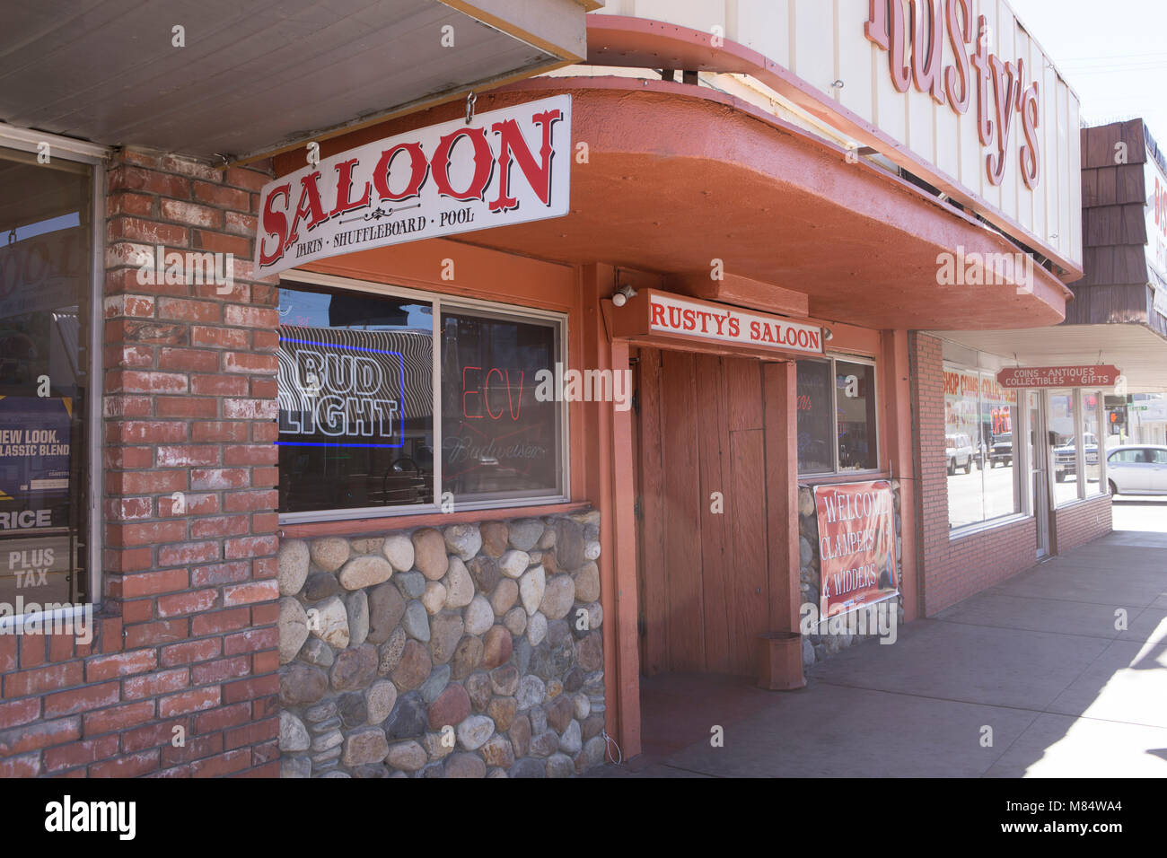 The entrance to Rusty's Saloon and grill on Main St in Bishop California. Stock Photo