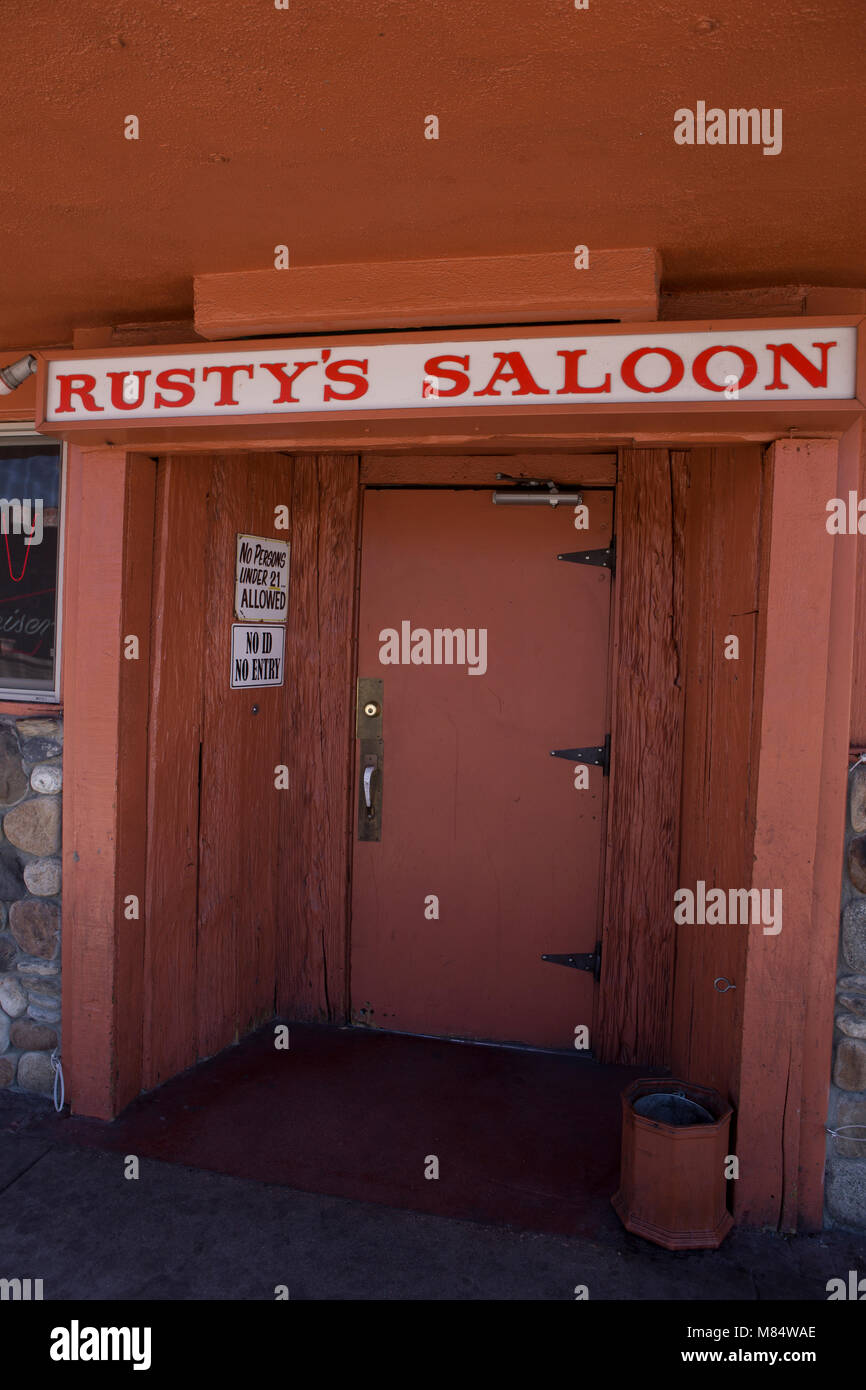 The entrance to Rusty's Saloon and grill on Main St in Bishop California. Stock Photo