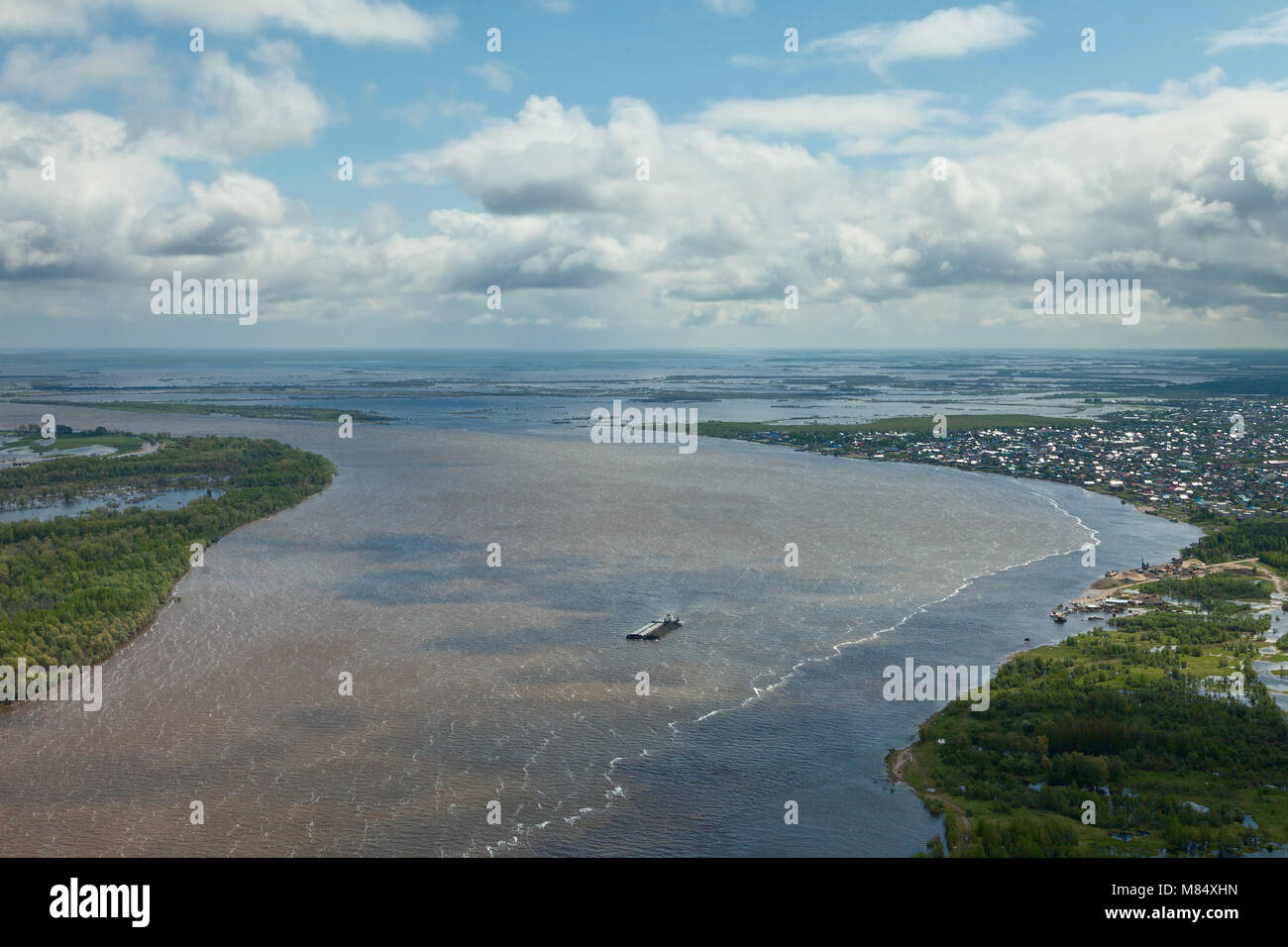 Great river in spring, top view Stock Photo