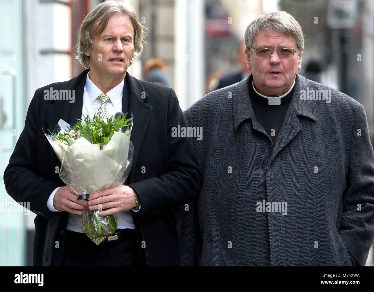 Odd Petter Magnussen (left) and Norwegian Rector and Senior Chaplain Torbjorn Holt, arrive at Great Portland Street in London, to mark the 10-year-anniversary since Martine Vik Magnussen died. Stock Photo