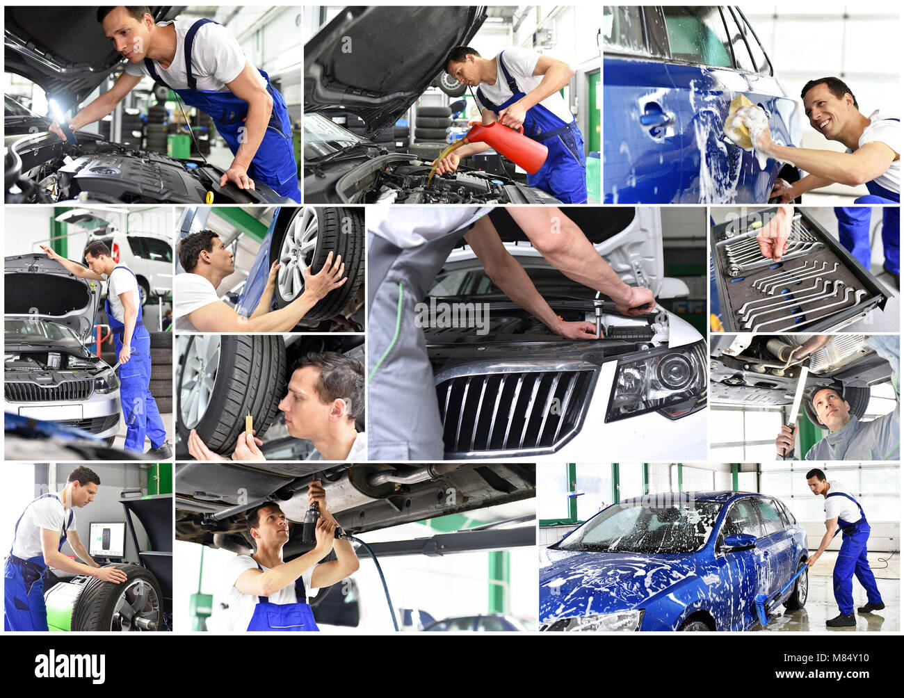 Car repair - mechanic in a workshop - car wash - collage with different motives in the working world Stock Photo
