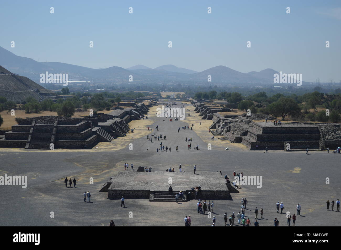 A view down the Avenue of the Dead from the Pyramid of the Moon in Teotihuacan, Mexico Stock Photo