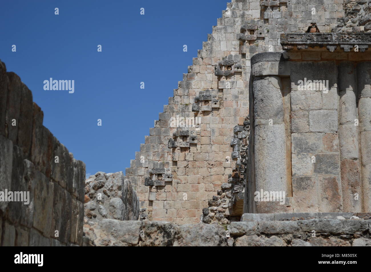 The steps leading up to the top of the Pyramid of the Magician at Uxmal, Mexico Stock Photo