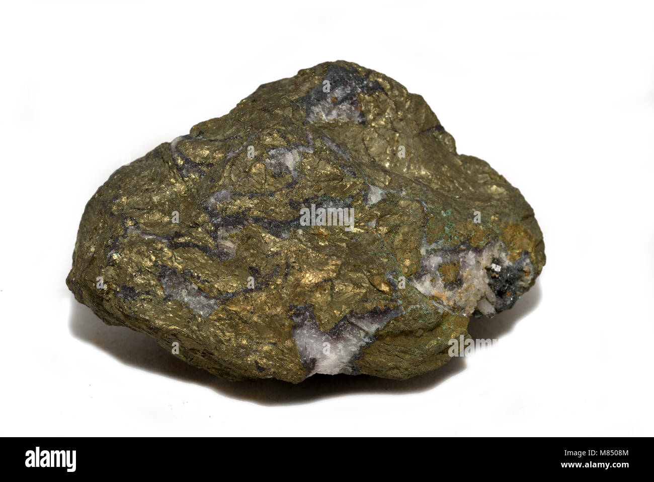 A specimen of Chalcopyrite, copper ore in its mineral crystalline form, from the Tui Mine, New Zealand Stock Photo