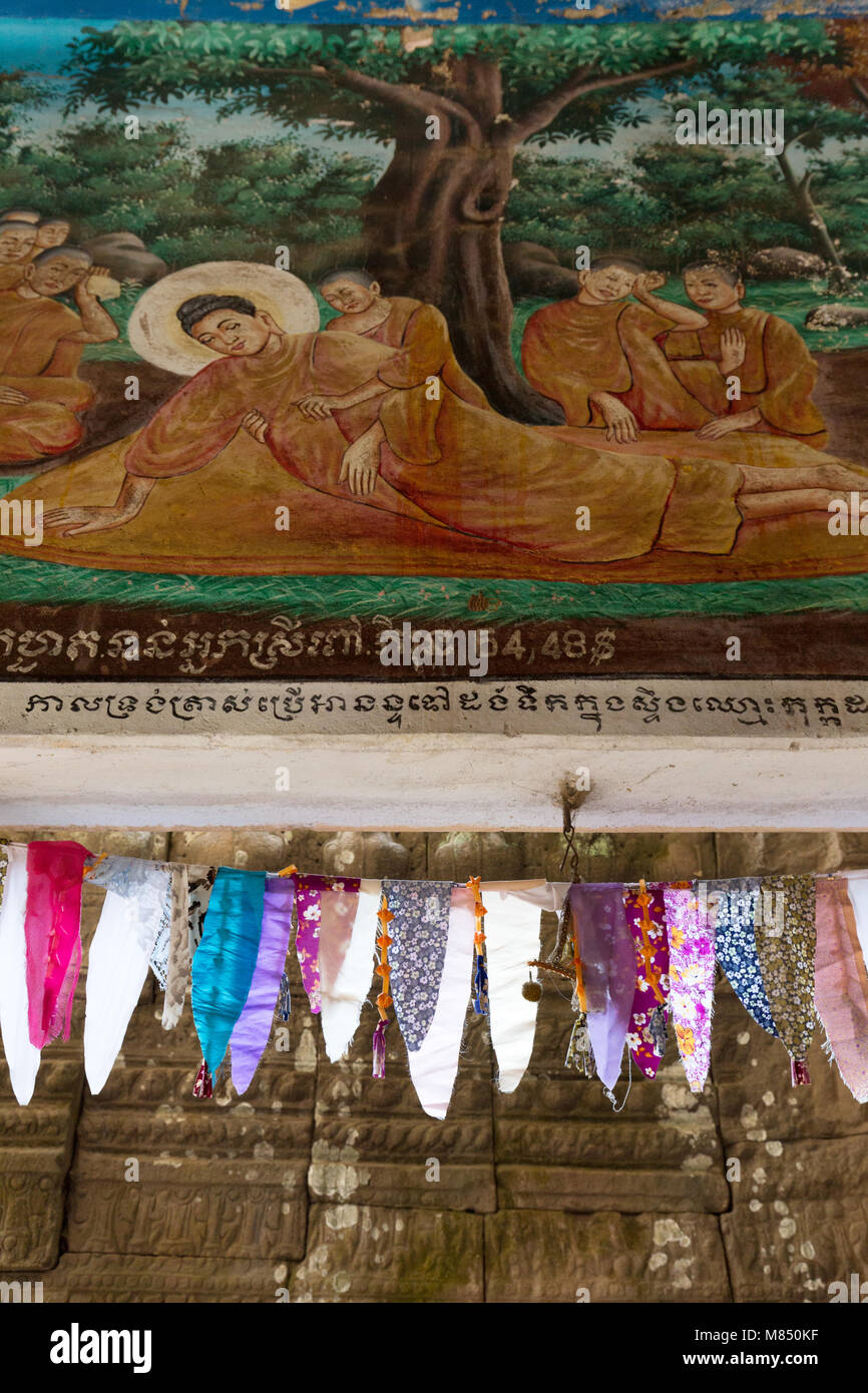 Colourful buddhist pennants or flags in a buddhist temple, Kampong Cham, Cambodia, Asia Stock Photo