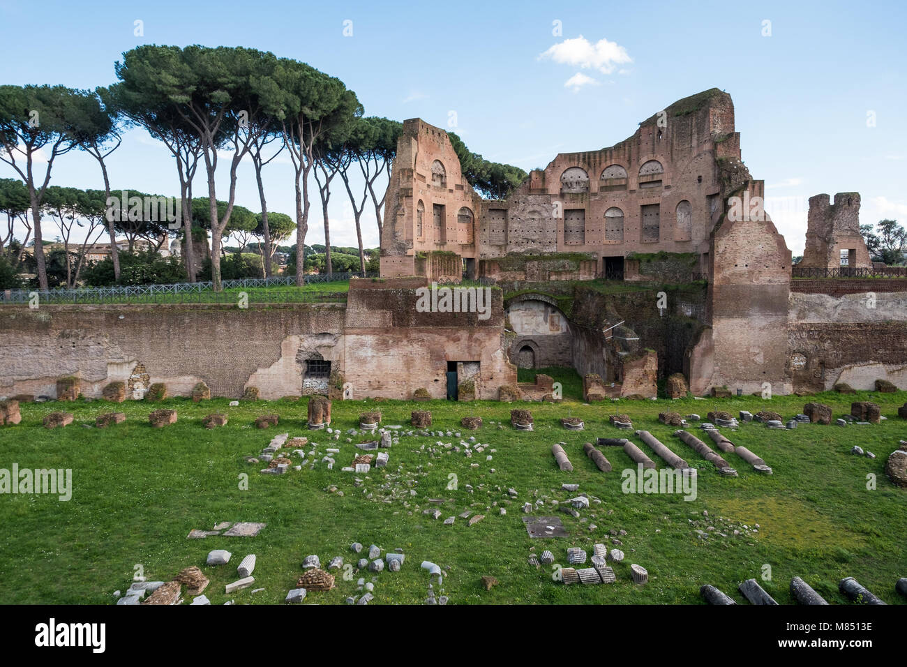 Fragments of ruins in Rome are lined up on the ground. Stock Photo