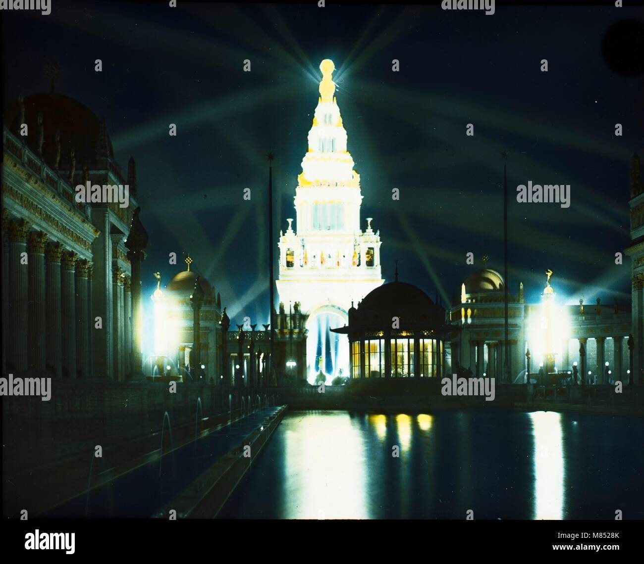 Colorized photo of the Tower of Jewels illuminated at night at the