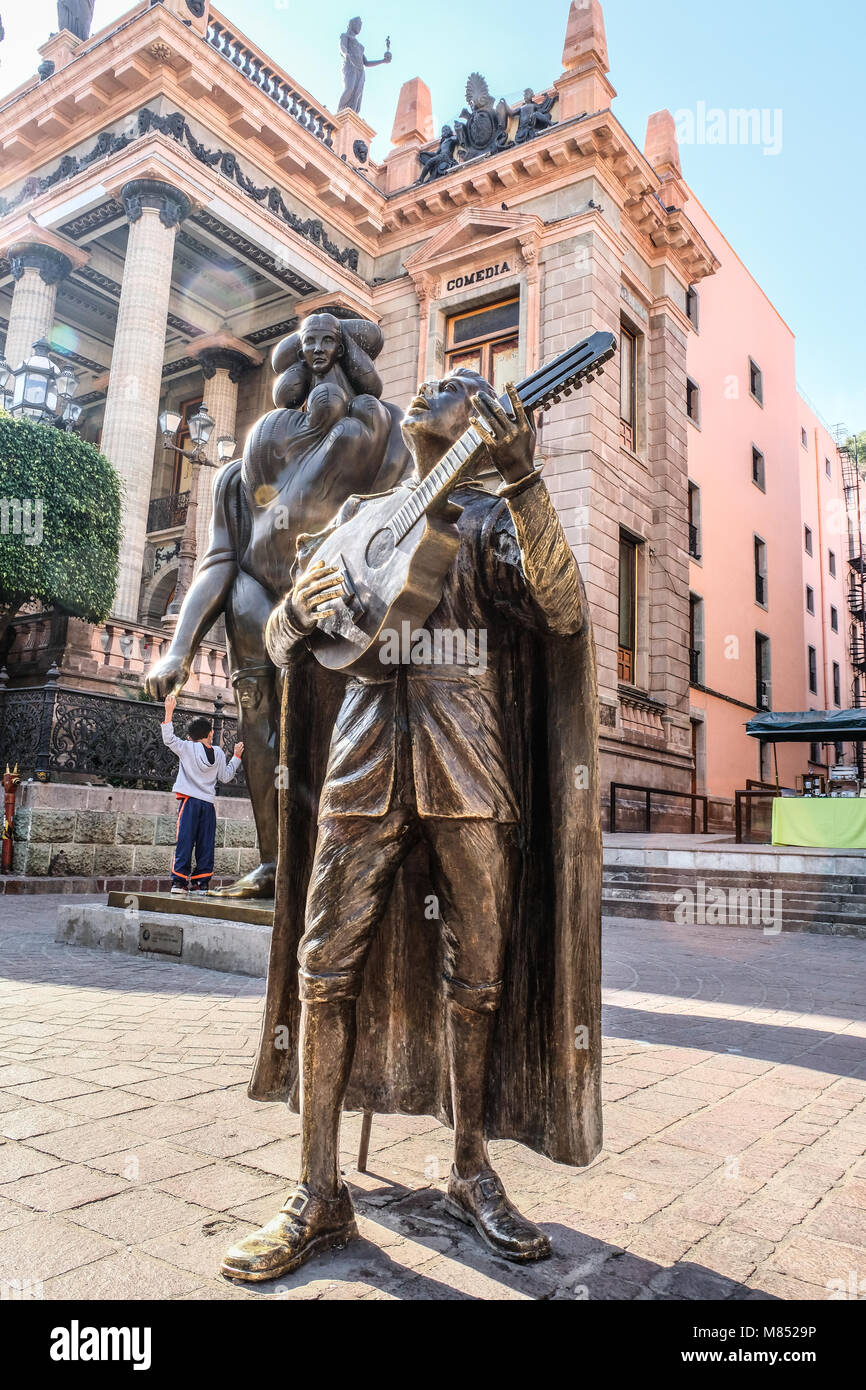 The bronze statue in front of Teatro Juarez at Guanajuato, Mexico Stock